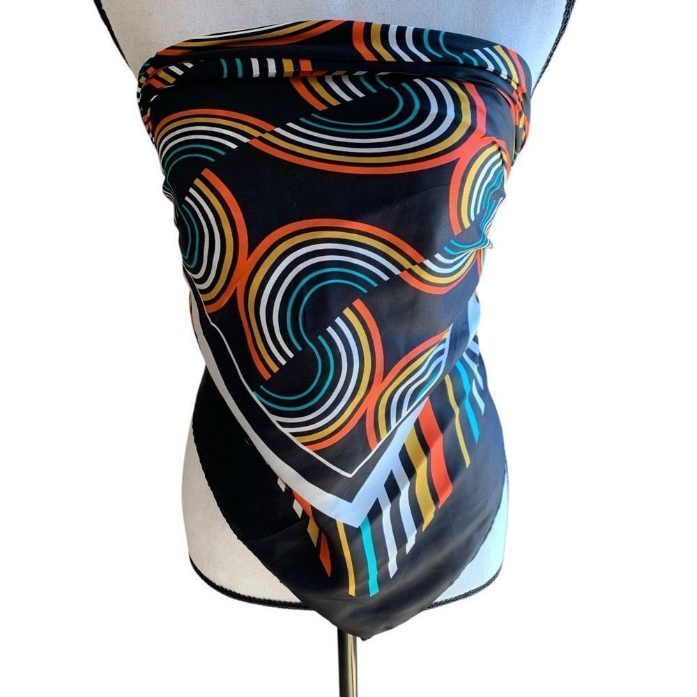 Vintage Scarf 1960s geometric design rainbows orange yellow teal white black